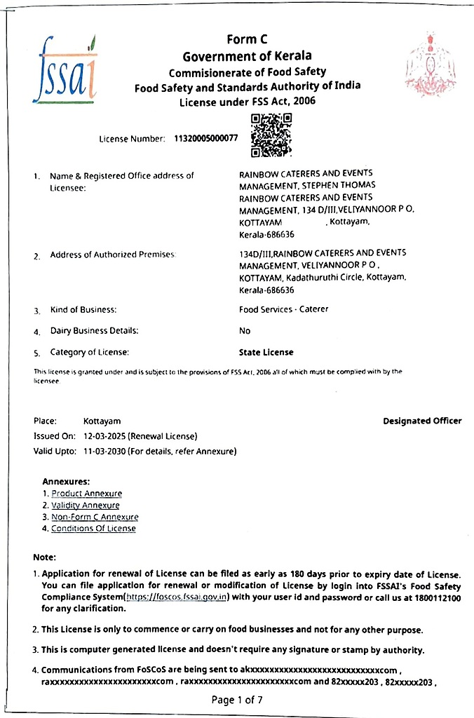 Food Safety Licence (FSSAI) — State Licence