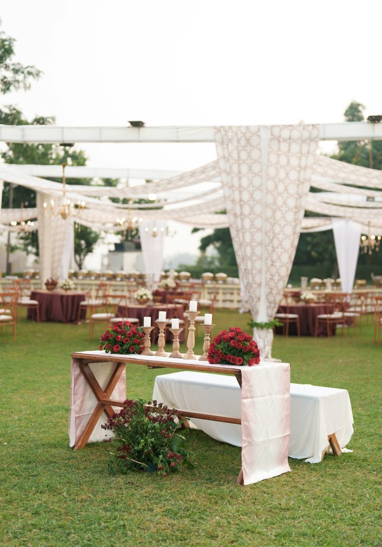 Outdoor tent with dining tables