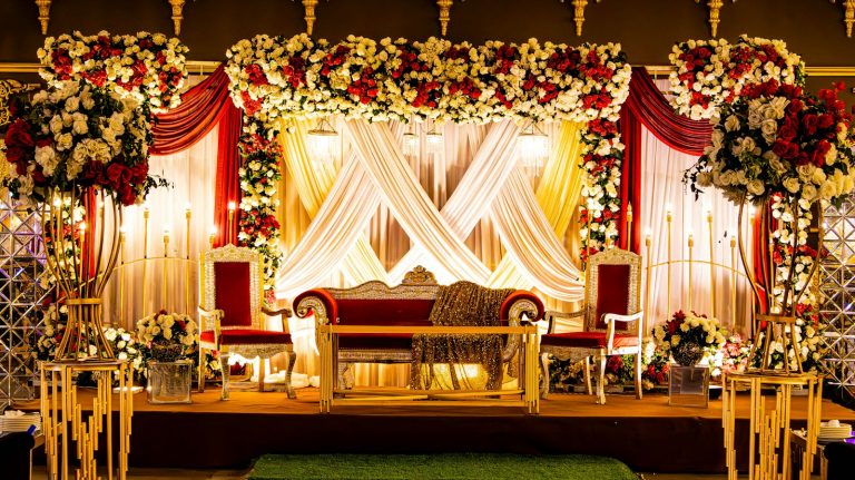 Red and white floral reception stage