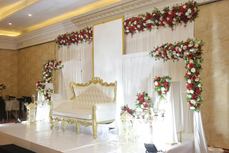 White and gold floral wedding stage