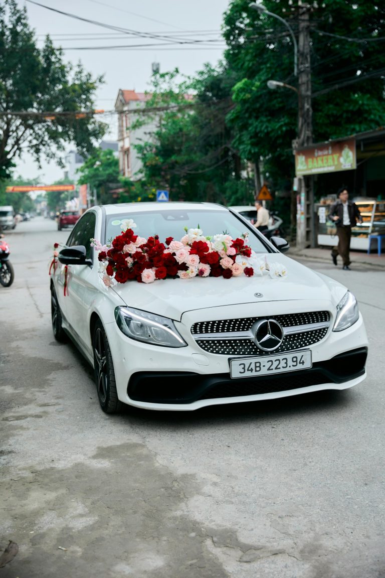 Wedding car decorated with flowers